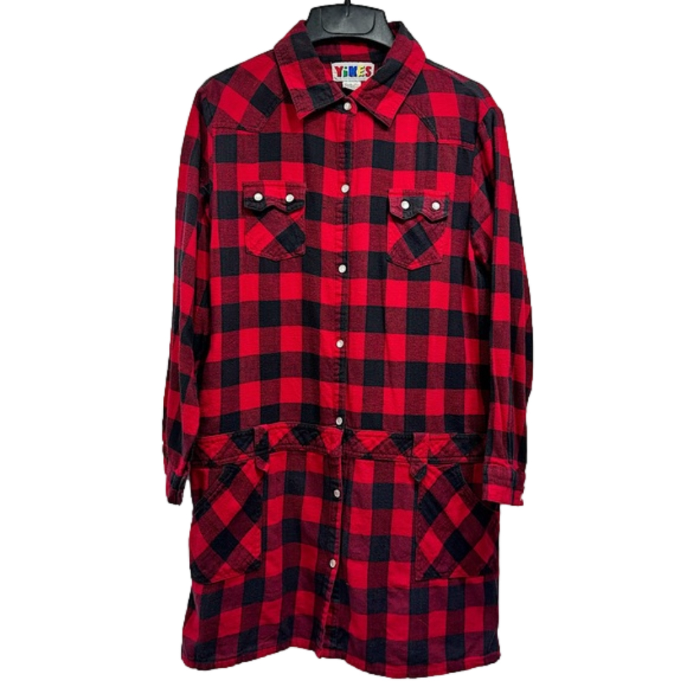 Vintage Yikes Black & Red Buffalo Plaid Flannel Shirt Dress Women’s Size Medium